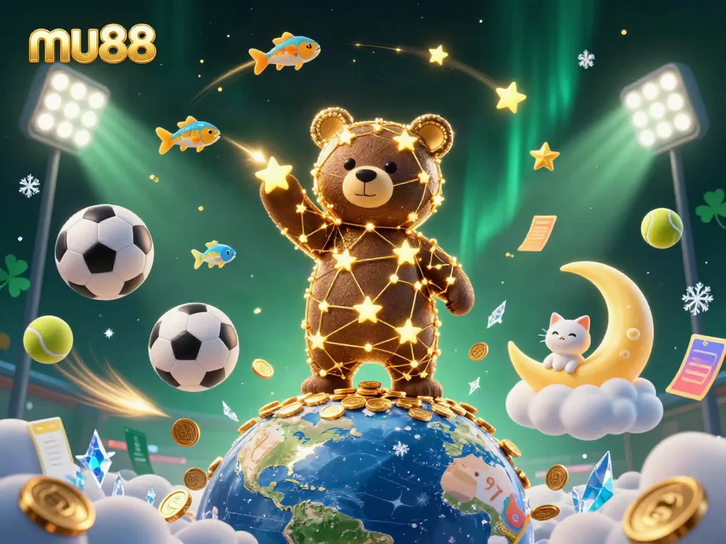 Experience thrilling gaming with mu88, a vibrant 3D illustration of a constellation bear and dynamic sports elements.