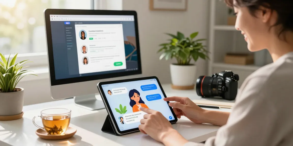 Person engaging with crush on ai chat on tablet in cozy home office.