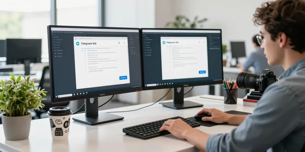 Developer optimizing Telegram Chinese language settings in a vibrant workspace.