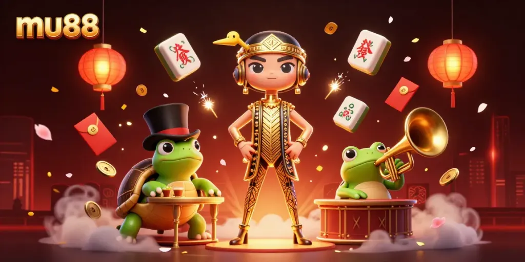 Experience mu88's vibrant casino atmosphere with playful characters and dynamic game elements in 3D.