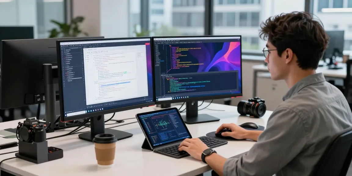 Focused developer at tech workspace coding within the WPS Official Website environment, showcasing innovation and productivity.