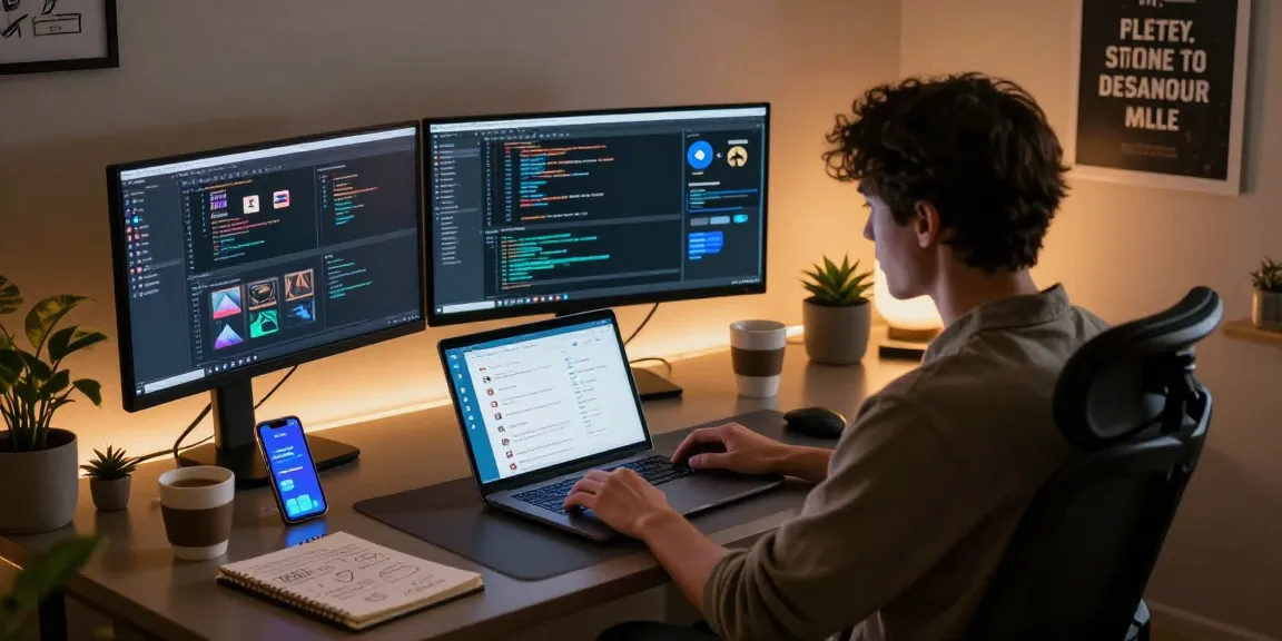 Focused individual using Telegram Web Version in modern home office, showcasing productivity and tech.